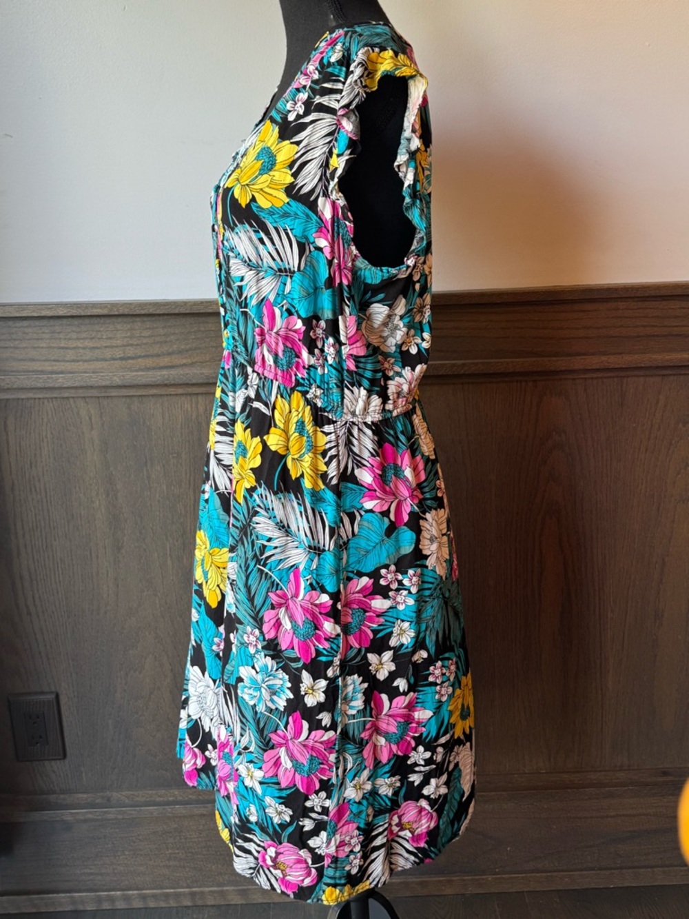 a.n.a Black Floral V-Neck Midi Dress with Yellow & Teal Blooms 16 EUC - Picture 3 of 7
